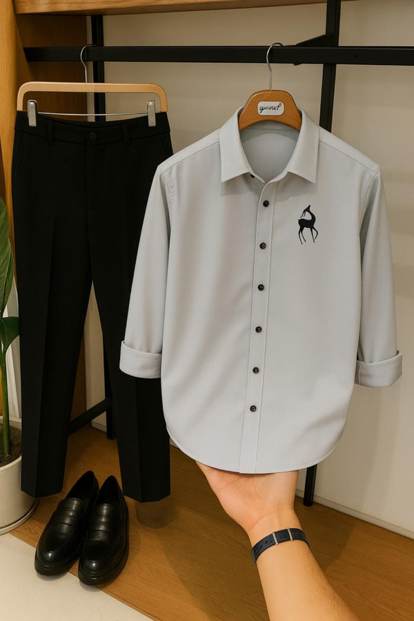 Men Grey One Deer Embroidery Shirt Pant Combo
