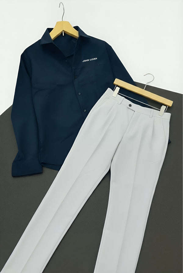 John Luven Blue Embroidery Luxury Shirt Pant Combo